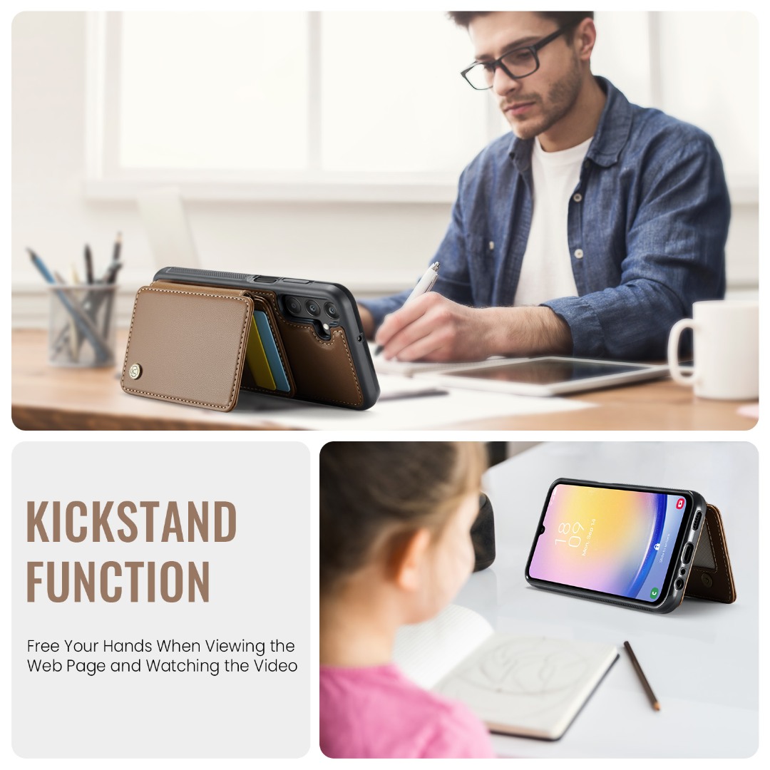 Husa piele cu textura moale si aderenta in mana, back cover, mini portofel magnetic detasabil, slot carduri, functie stand, protectie RFID, Samsung Galaxy A25, CaseMe, Maro