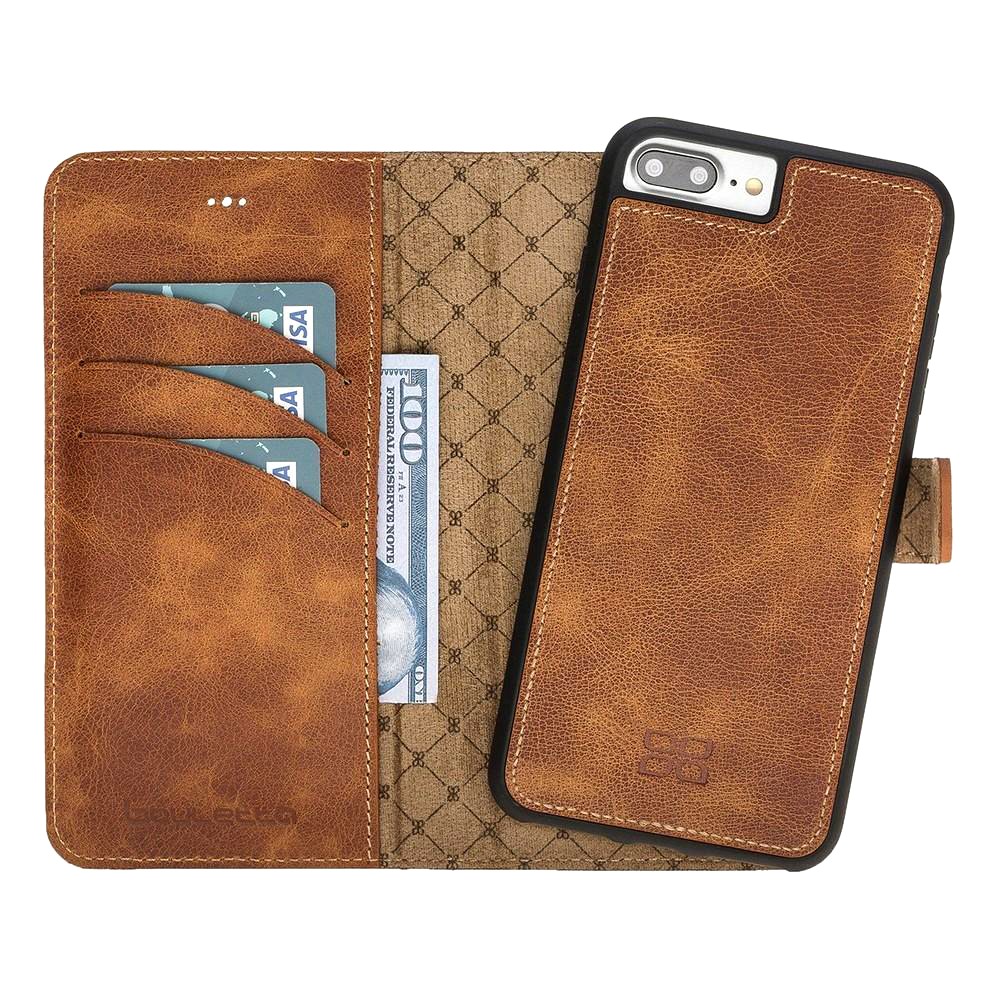 Husa piele naturala 2 in 1, tip portofel + back cover, iPhone 8 Plus / 7 Plus - Bouletta Magic Wallet, Tiana tan