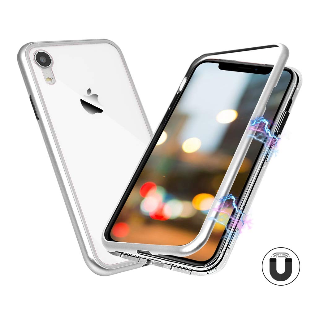Husa tip bumper magnetic din aluminiu usor + folie sticla securizata spate, iPhone XR - CaseMe, Argintiu