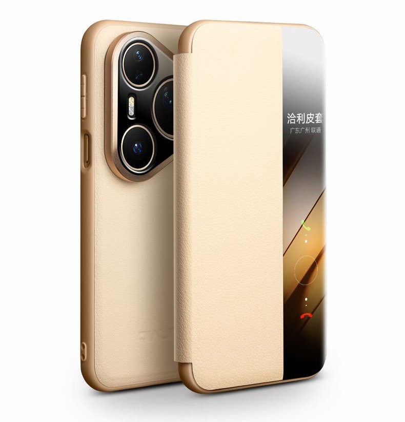 Husa pentru Huawei Pura 80 Ultra – Qialino Smart Luxury, piele naturala, slim smart cover, eleganta, culoare Auriu - Champagne beige