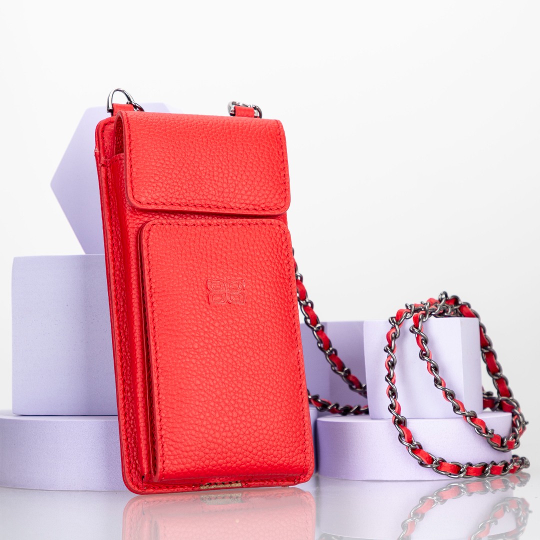 Portofel / Husa / Geanta universala crossbody din piele naturala premium pentru telefoane pana 175mm - Bouletta Avjin, culoare Rosu - Floater red