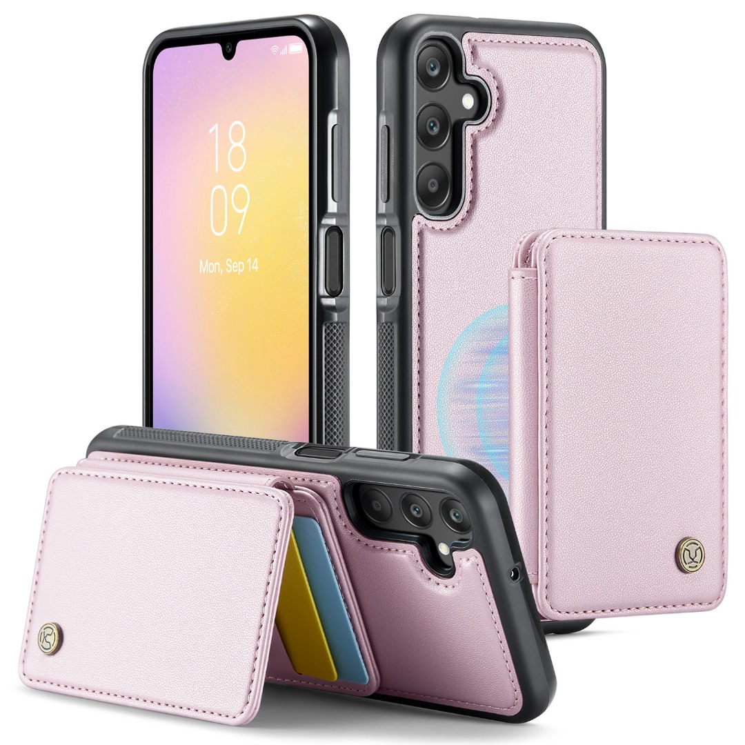 Husa piele cu textura moale si aderenta in mana, back cover, mini portofel magnetic detasabil, slot carduri, functie stand, protectie RFID, Samsung Galaxy A25, CaseMe, Roz