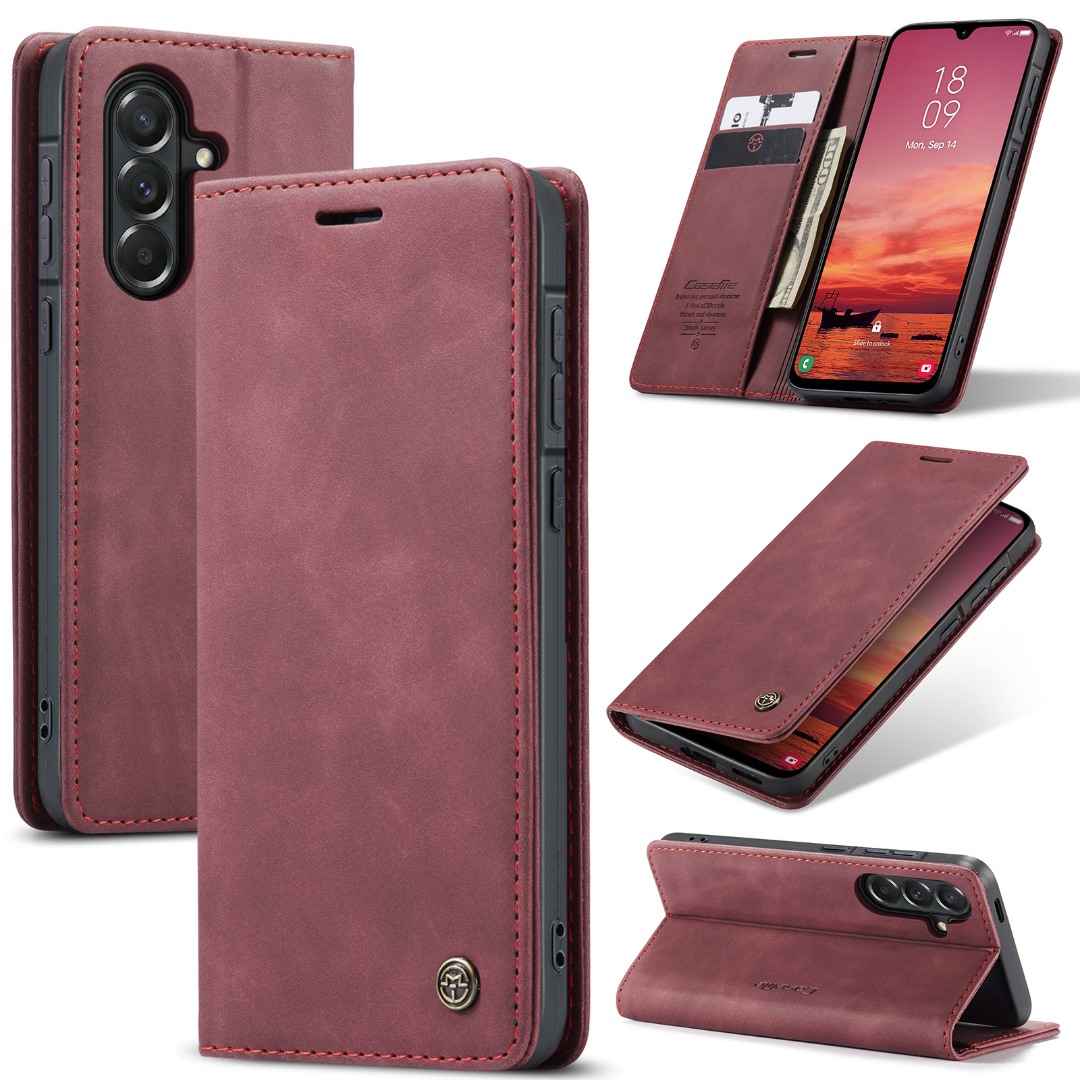 Husa pentru Samsung Galaxy A57 – CaseMe, tip carte, piele, functie portofel, stand, finisaj catifelat, Rosu - Crimson Glory