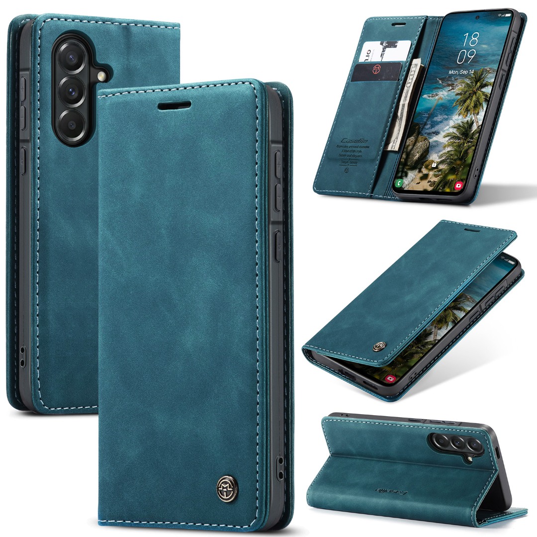 Husa pentru Samsung Galaxy A57 – CaseMe, tip carte, piele, functie portofel, stand, finisaj catifelat, Albastru - Fjord Blue