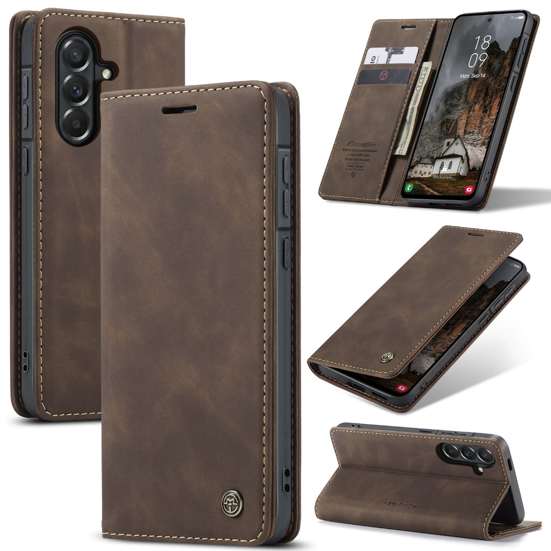 Husa pentru Samsung Galaxy A57 – CaseMe, tip carte, piele, functie portofel, stand, finisaj catifelat, Maro - Vintage coffee