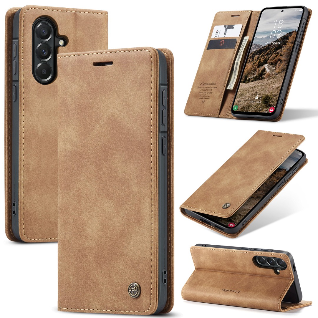 Husa pentru Samsung Galaxy A57 – CaseMe, tip carte, piele, functie portofel, stand, finisaj catifelat, Maro - Camel Sand