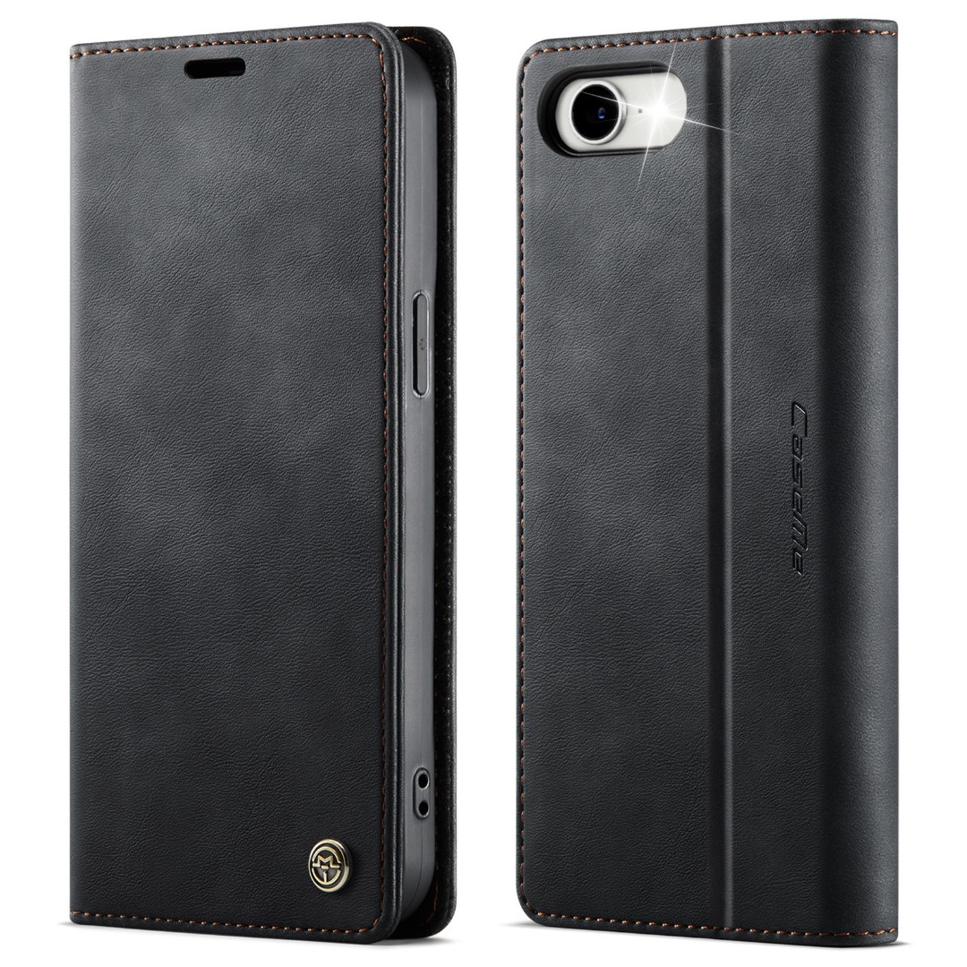 Husa pentru iPhone 16e - Slim tip portofel, cu stand si inchidere magnetica – textura neteda, aderenta sigura, usor de curatat, design curat si minimalist, CaseMe, Negru carbon
