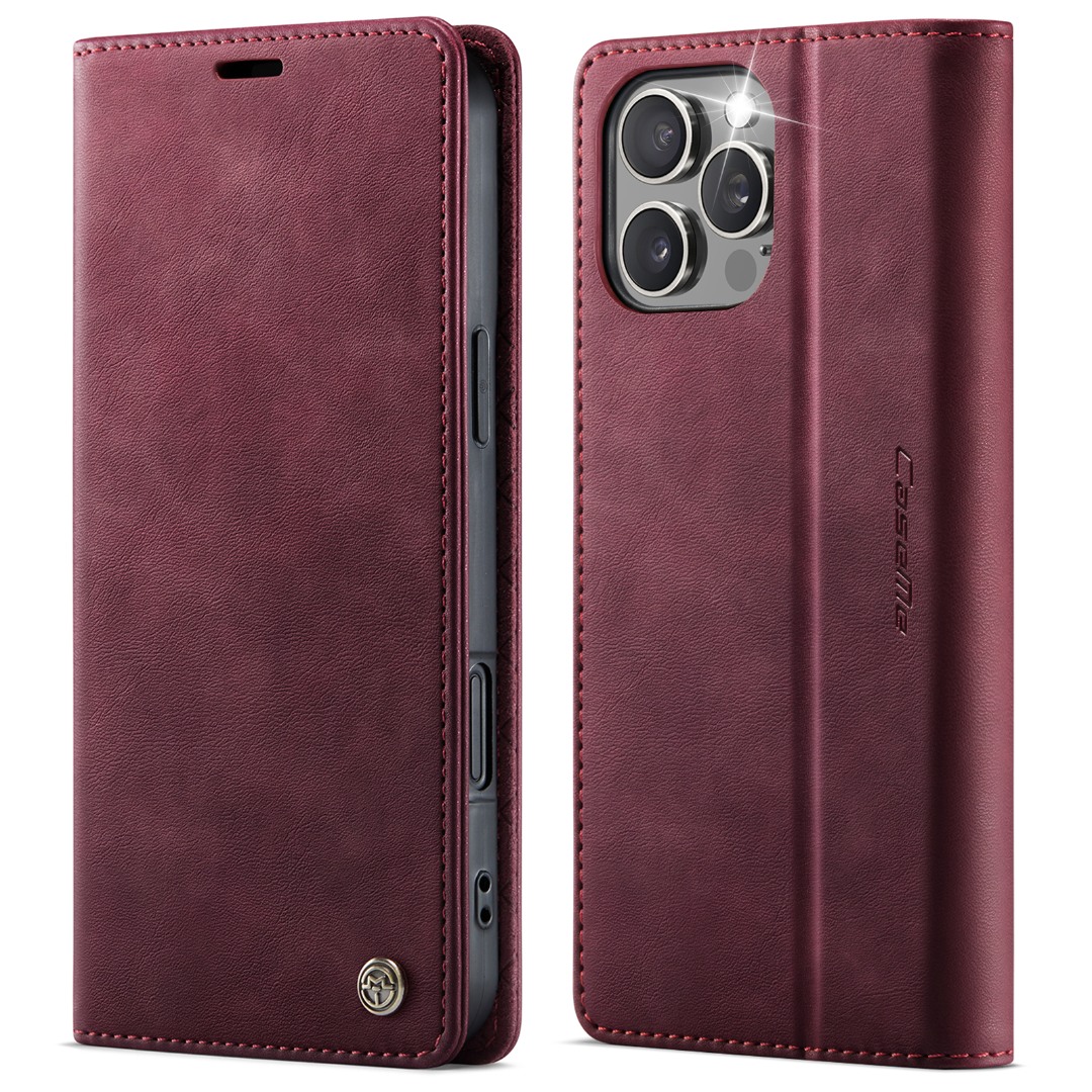 Husa pentru iPhone 16 Pro Max - Slim tip portofel, cu stand si inchidere magnetica – textura neteda, aderenta sigura, usor de curatat, design curat si minimalist, CaseMe, Rosu burgundy