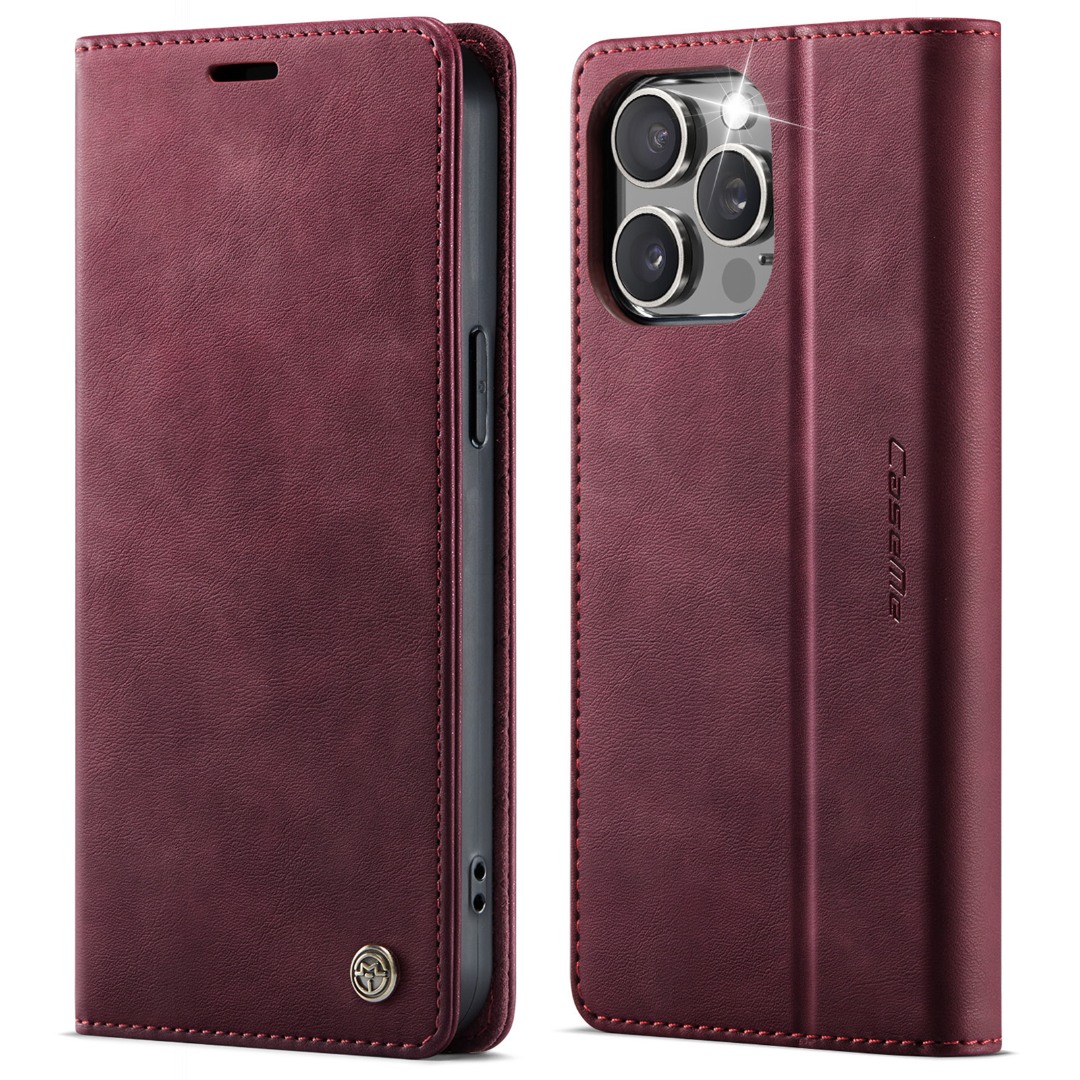 Husa pentru iPhone 14 Pro Max - Slim tip portofel, cu stand si inchidere magnetica – textura neteda, aderenta sigura, usor de curatat, design curat si minimalist, CaseMe, Rosu burgundy
