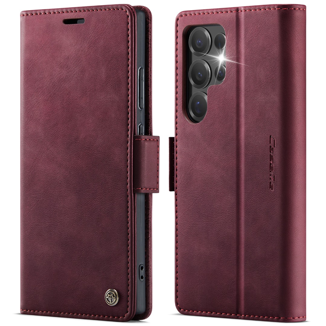 Husa pentru Samsung Galaxy S25 Ultra - Slim tip portofel, cu stand si inchidere magnetica – textura neteda, aderenta sigura, usor de curatat, design curat si minimalist, CaseMe, Rosu burgundy