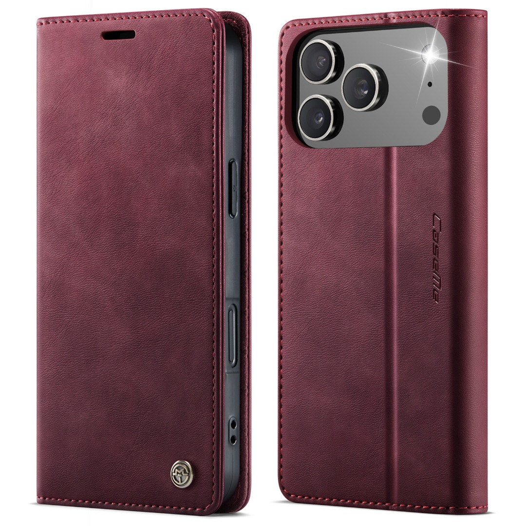 Husa pentru iPhone 17 Pro Max - Slim tip portofel, cu stand si inchidere magnetica – textura neteda, aderenta sigura, usor de curatat, design curat si minimalist, CaseMe, Rosu burgundy
