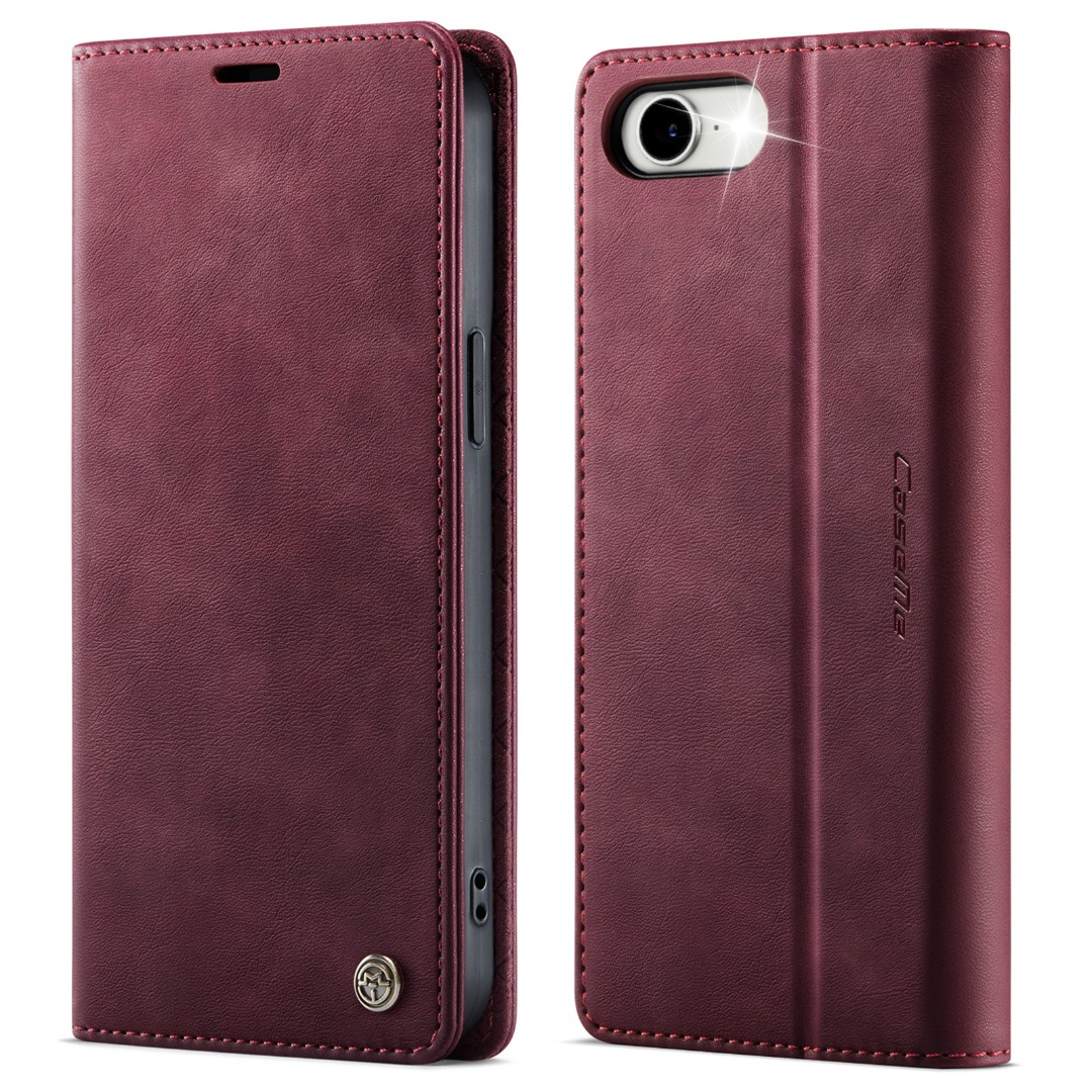 Husa pentru iPhone 16e - Slim tip portofel, cu stand si inchidere magnetica – textura neteda, aderenta sigura, usor de curatat, design curat si minimalist, CaseMe, Rosu burgundy