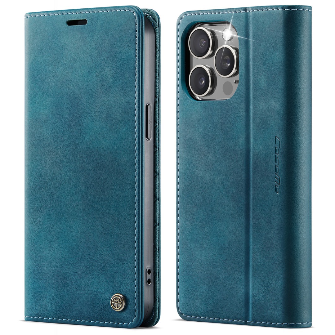 Husa pentru iPhone 14 Pro Max - Slim tip portofel, cu stand si inchidere magnetica – textura neteda, aderenta sigura, usor de curatat, design curat si minimalist, CaseMe, Teal - Albastru verzui