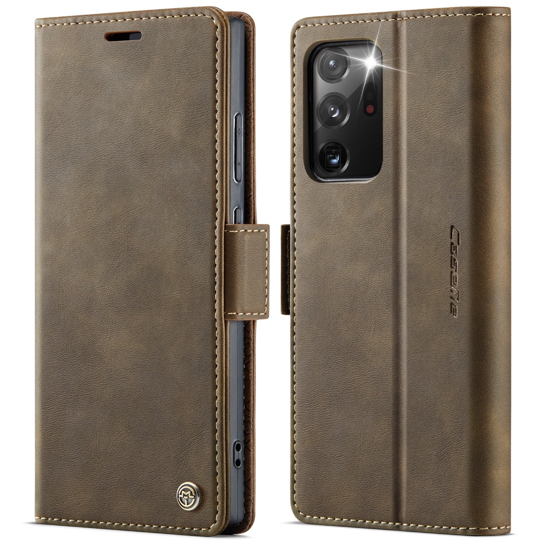 Husa pentru Samsung Galaxy Note 20 Ultra - Slim tip portofel, cu stand si inchidere magnetica – textura neteda, aderenta sigura, usor de curatat, design curat si minimalist, CaseMe, Brun clasic