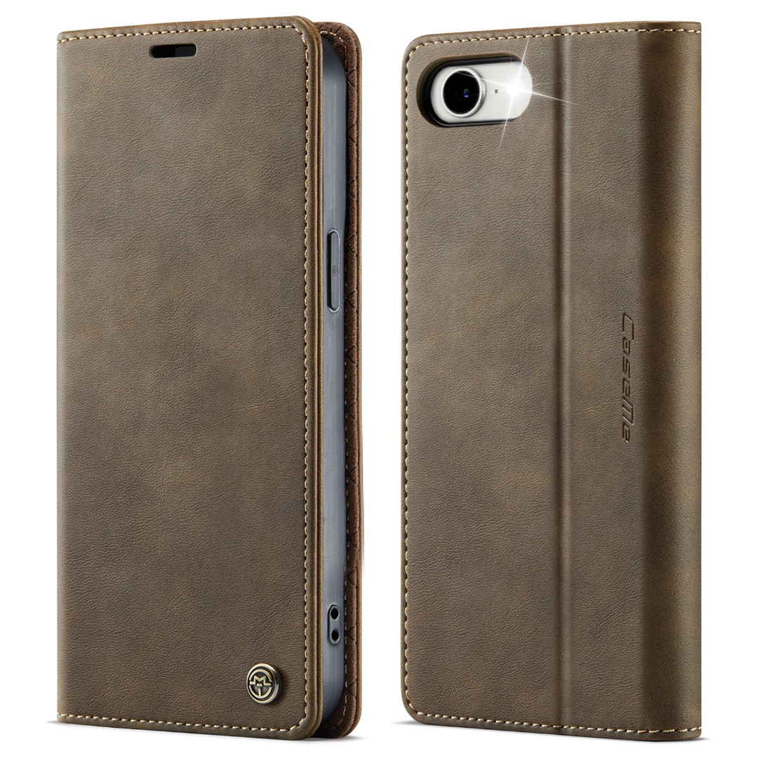 Husa pentru iPhone 16e - Slim tip portofel, cu stand si inchidere magnetica – textura neteda, aderenta sigura, usor de curatat, design curat si minimalist, CaseMe, Brun clasic