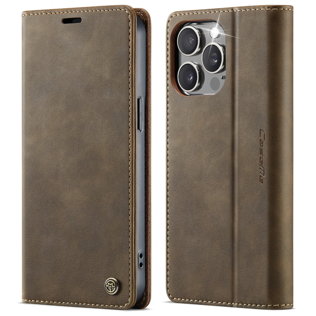 Husa pentru iPhone 15 Pro Max - Slim tip portofel, cu stand si inchidere magnetica – textura neteda, aderenta sigura, usor de curatat, design curat si minimalist, CaseMe, Brun clasic