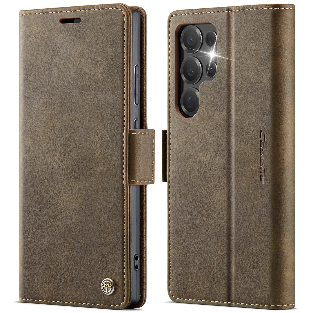 Husa pentru Samsung Galaxy S25 Ultra - Slim tip portofel, cu stand si inchidere magnetica – textura neteda, aderenta sigura, usor de curatat, design curat si minimalist, CaseMe, Brun clasic