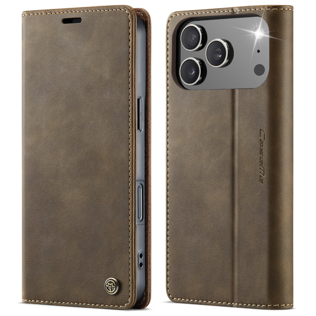 Husa pentru iPhone 17 Pro Max - Slim tip portofel, cu stand si inchidere magnetica – textura neteda, aderenta sigura, usor de curatat, design curat si minimalist, CaseMe, Brun clasic