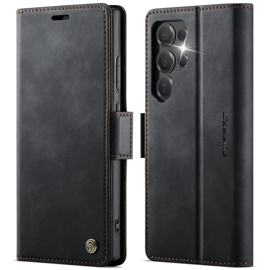 Husa pentru Samsung Galaxy S25 Ultra - Slim tip portofel, cu stand si inchidere magnetica – textura neteda, aderenta sigura, usor de curatat, design curat si minimalist, CaseMe, Negru carbon