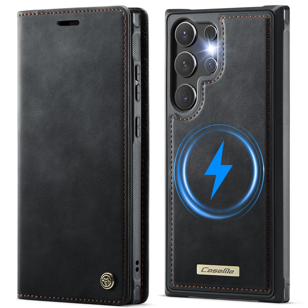 Husa 2in1 pentru Samsung Galaxy S25 Ultra, CaseMe, portofel cu carcasa detasabila magnetica, functie stand, inchidere magnetica, textura neteda, usor de curatat, design minimalist, Negru carbon