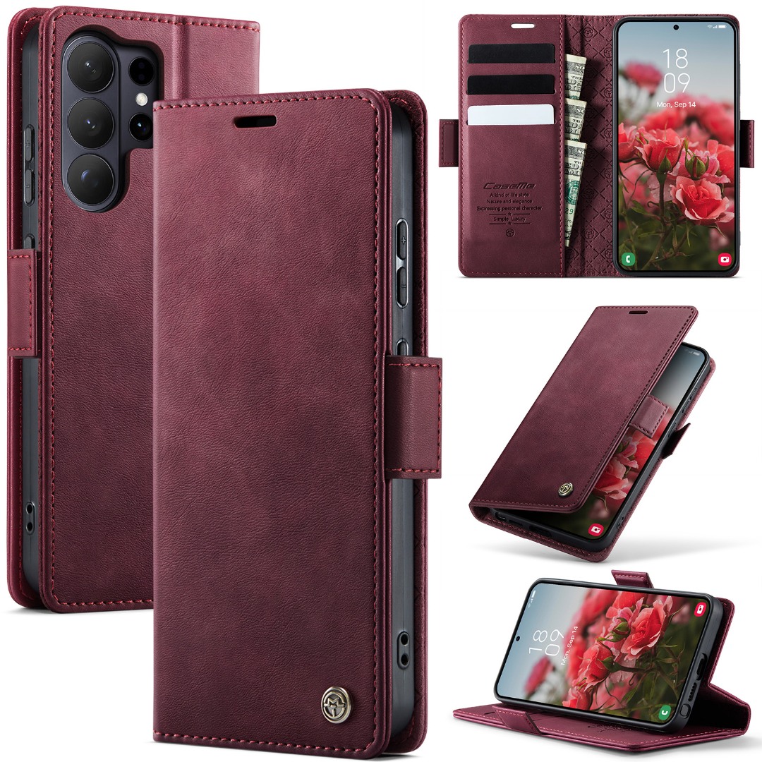 Husa pentru Samsung Galaxy S26 Ultra - Slim tip portofel, cu stand si inchidere magnetica – textura neteda, aderenta sigura, usor de curatat, design curat si minimalist, CaseMe, Rosu burgundy