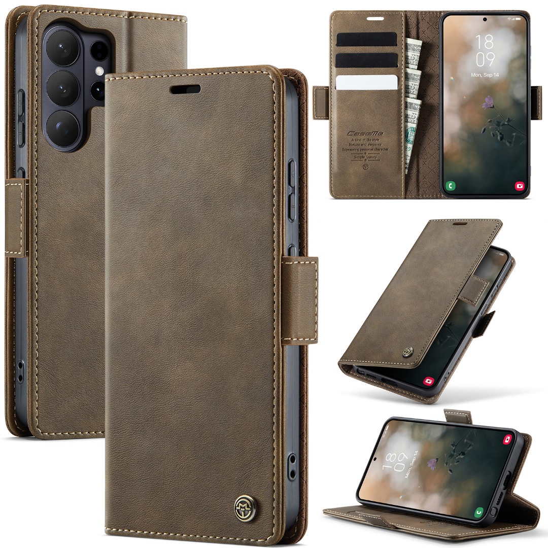 Husa pentru Samsung Galaxy S26 Ultra - Slim tip portofel, cu stand si inchidere magnetica – textura neteda, aderenta sigura, usor de curatat, design curat si minimalist, CaseMe, Brun clasic