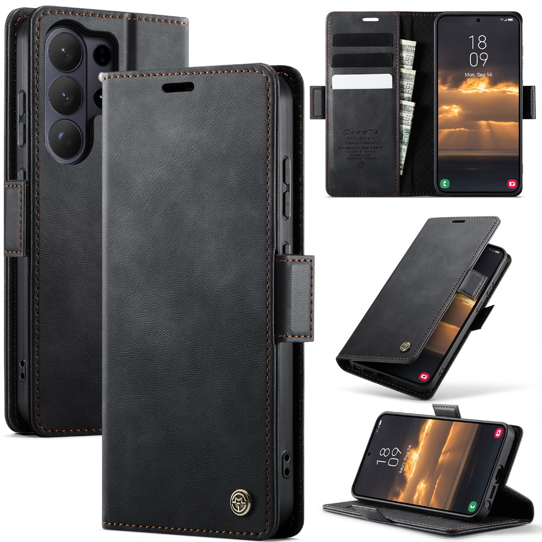 Husa pentru Samsung Galaxy S26 Ultra - Slim tip portofel, cu stand si inchidere magnetica – textura neteda, aderenta sigura, usor de curatat, design curat si minimalist, CaseMe, Negru carbon