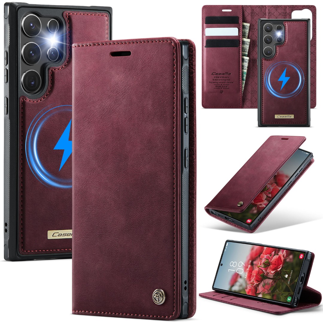 Husa 2in1 pentru Samsung Galaxy S25 Ultra, CaseMe, portofel cu carcasa detasabila magnetica, functie stand, inchidere magnetica, textura neteda, usor de curatat, design minimalist, Rosu burgundy