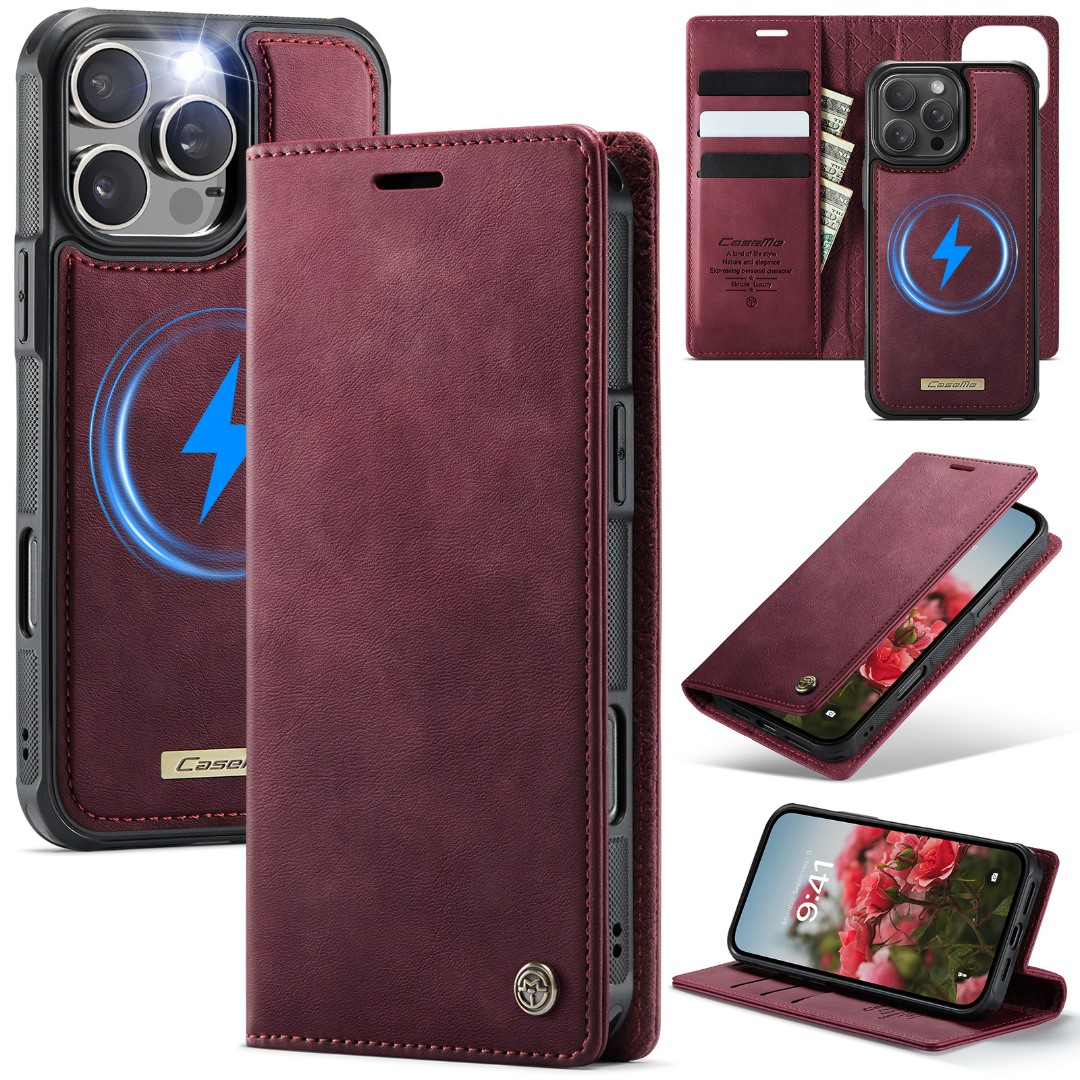 Husa 2in1 pentru iPhone 16 Pro Max CaseMe, portofel cu carcasa detasabila magnetica, cu MagSafe, functie stand, inchidere magnetica, textura neteda, usor de curatat, design minimalist, Rosu burgundy