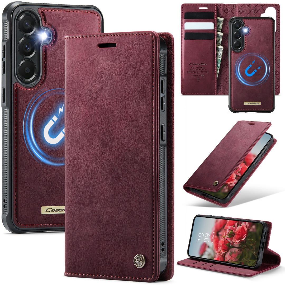 Husa 2in1 pentru Samsung Galaxy A56, CaseMe, portofel cu carcasa detasabila magnetica, functie stand, inchidere magnetica, textura neteda, usor de curatat, design minimalist, Rosu burgundy
