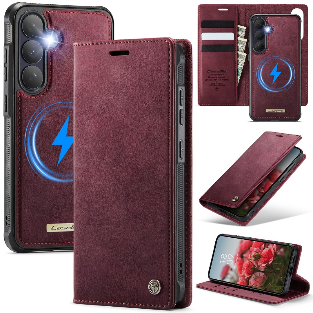 Husa 2in1 pentru Samsung Galaxy S26, CaseMe, portofel cu carcasa detasabila magnetica, functie stand, inchidere magnetica, textura neteda, usor de curatat, design minimalist, Rosu burgundy