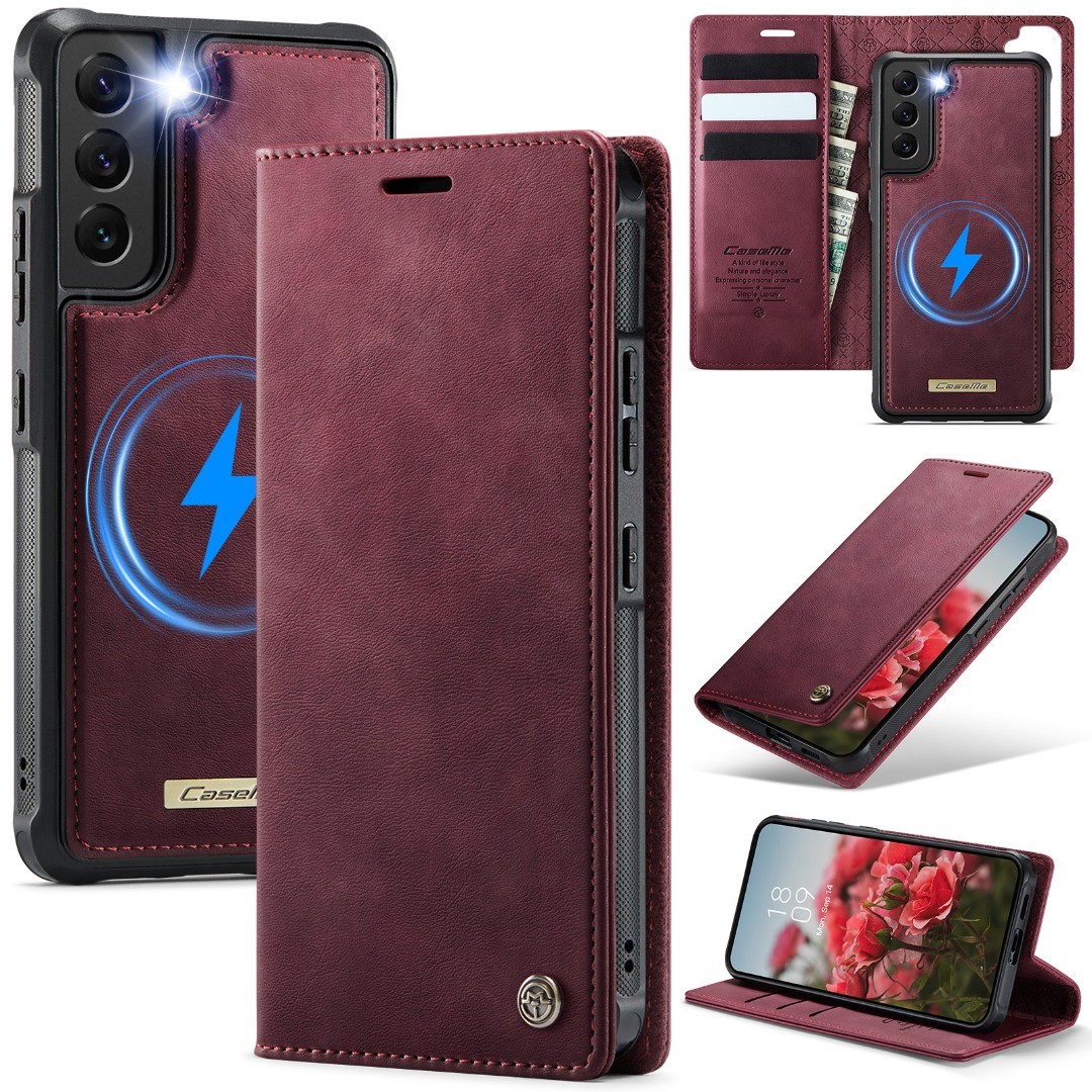 Husa 2in1 pentru Samsung Galaxy S22, CaseMe, portofel cu carcasa detasabila magnetica, functie stand, inchidere magnetica, textura neteda, usor de curatat, design minimalist, Rosu burgundy