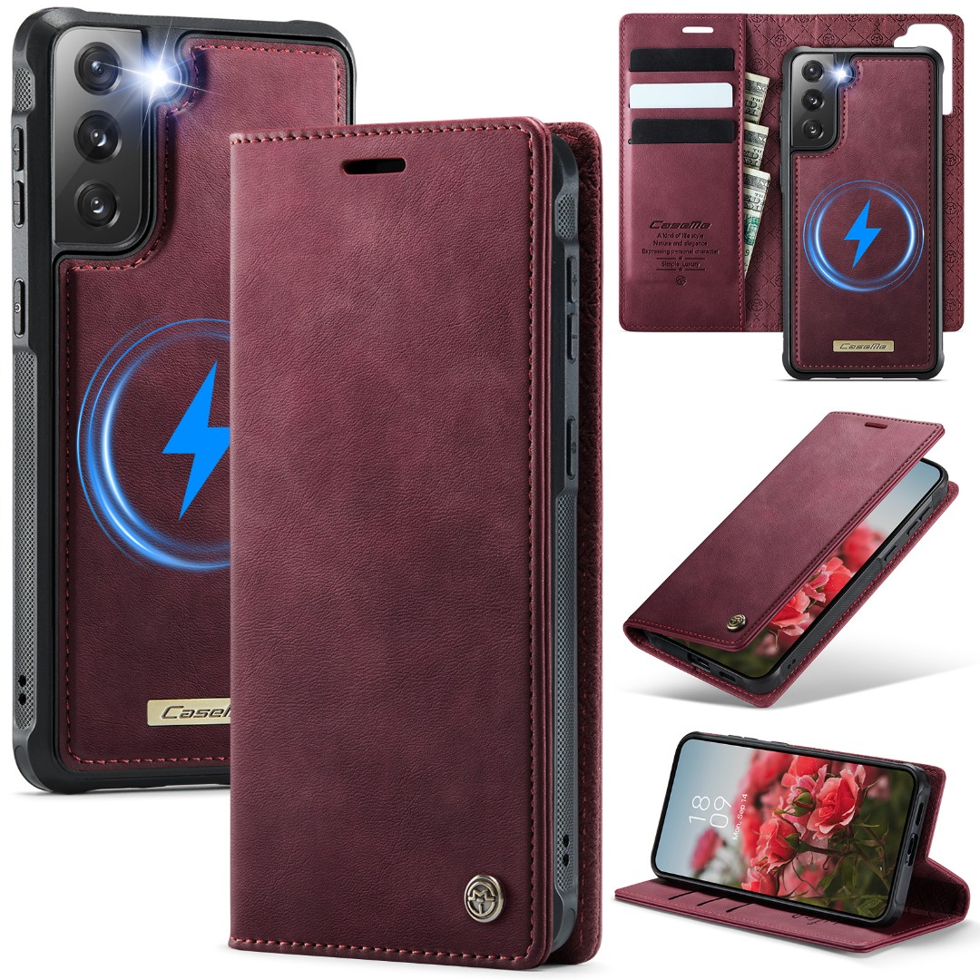 Husa 2in1 pentru Samsung Galaxy S21 FE, CaseMe, portofel cu carcasa detasabila magnetica, functie stand, inchidere magnetica, textura neteda, usor de curatat, design minimalist, Rosu burgundy