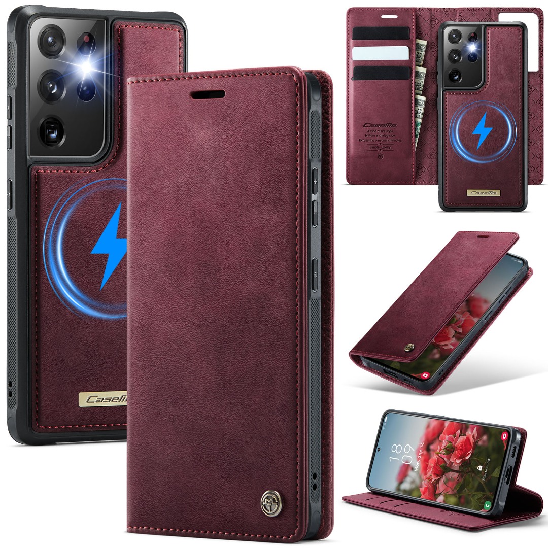 Husa 2in1 pentru Samsung Galaxy S21 Ultra, CaseMe, portofel cu carcasa detasabila magnetica, functie stand, inchidere magnetica, textura neteda, usor de curatat, design minimalist, Rosu burgundy