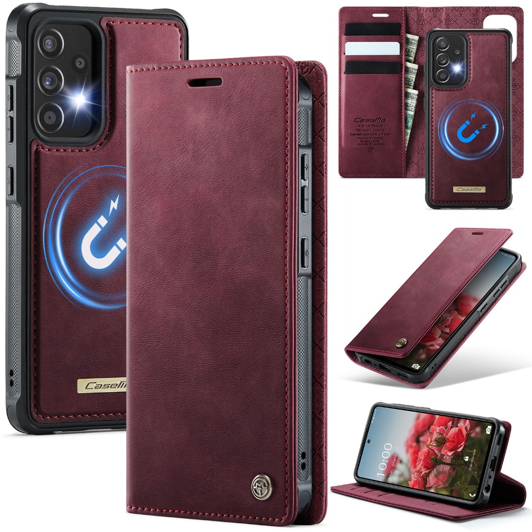 Husa 2in1 pentru Samsung Galaxy A52 4G, A52 5G, A52s, CaseMe, portofel cu carcasa detasabila magnetica, functie stand, inchidere magnetica, textura neteda, usor de curatat, design minimalist, Rosu burgundy