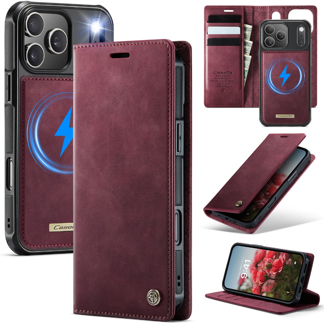 Husa 2in1 pentru iPhone 17 Pro Max CaseMe, portofel cu carcasa detasabila magnetica, cu MagSafe, functie stand, inchidere magnetica, textura neteda, usor de curatat, design minimalist, Rosu burgundy