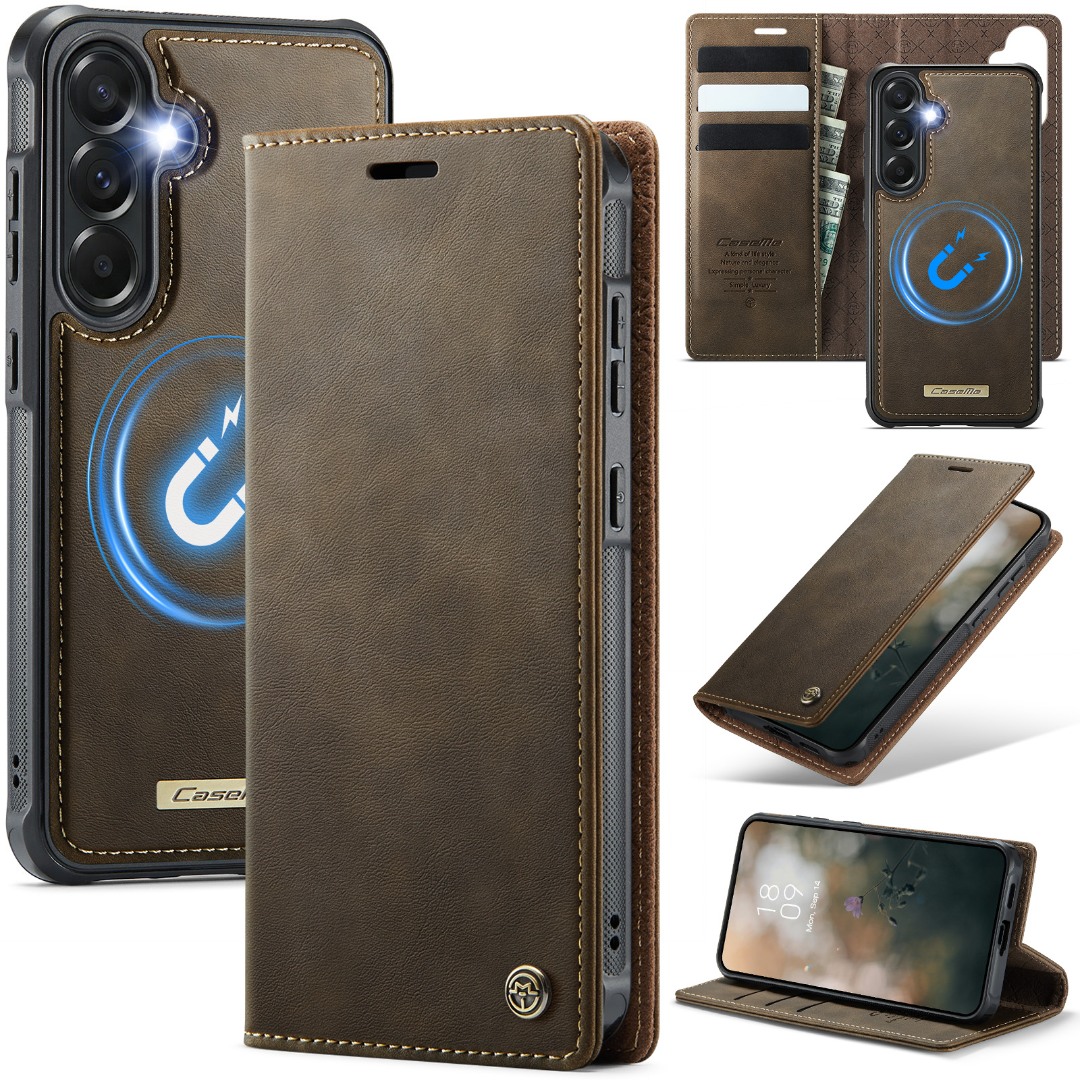Husa 2in1 pentru Samsung Galaxy A56, CaseMe, portofel cu carcasa detasabila magnetica, functie stand, inchidere magnetica, textura neteda, usor de curatat, design minimalist, Brun clasic
