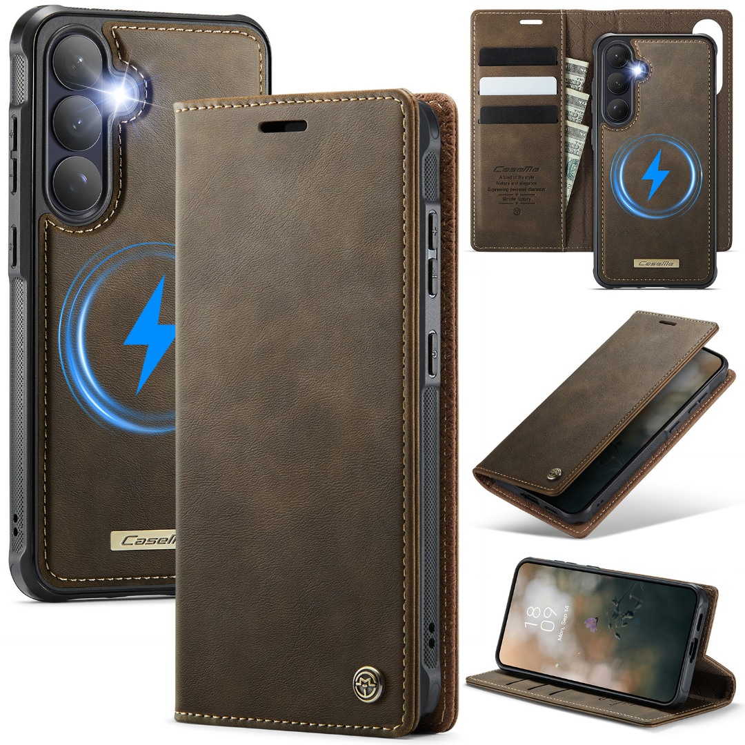 Husa 2in1 pentru Samsung Galaxy S26, CaseMe, portofel cu carcasa detasabila magnetica, functie stand, inchidere magnetica, textura neteda, usor de curatat, design minimalist, Brun clasic