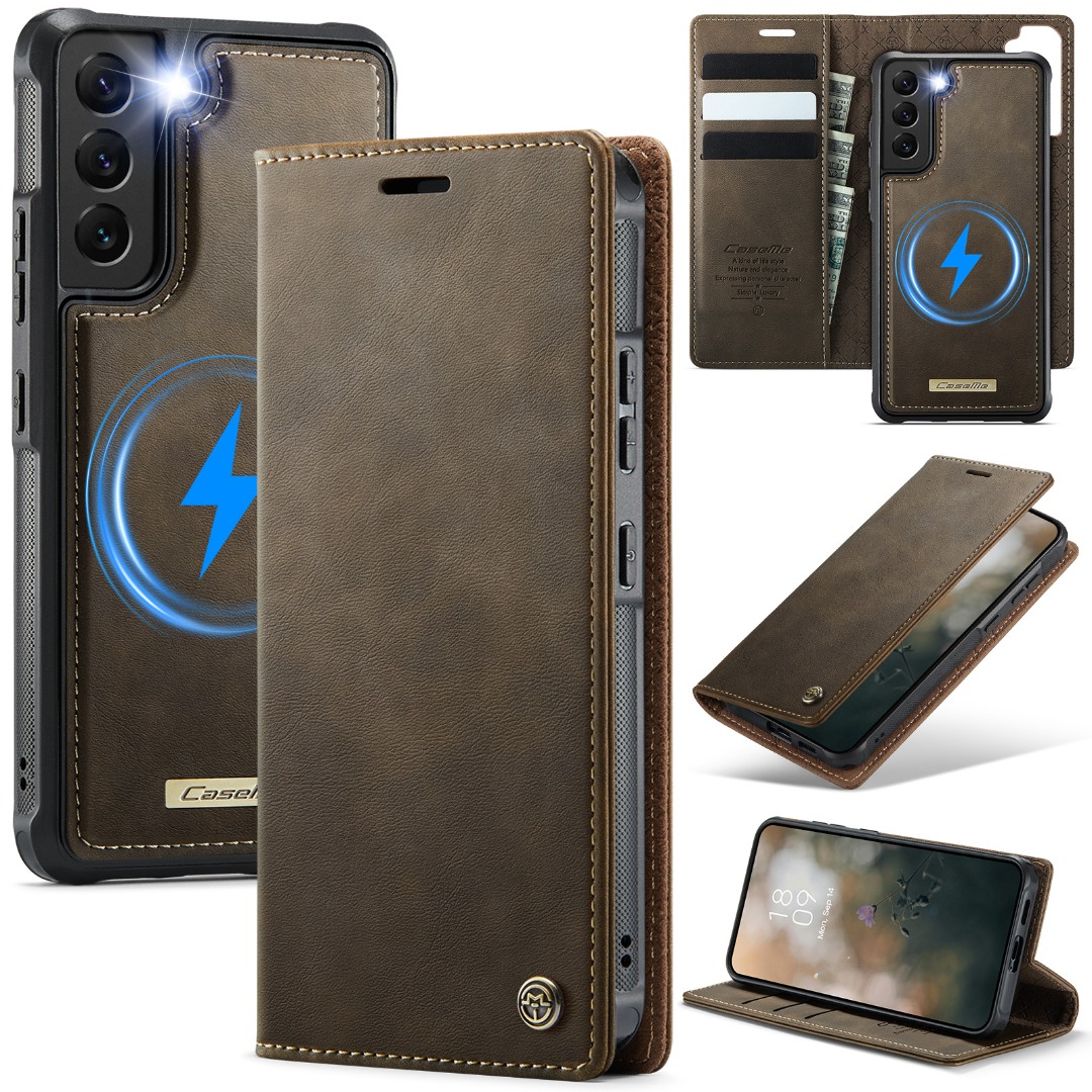 Husa 2in1 pentru Samsung Galaxy S22, CaseMe, portofel cu carcasa detasabila magnetica, functie stand, inchidere magnetica, textura neteda, usor de curatat, design minimalist, Brun clasic