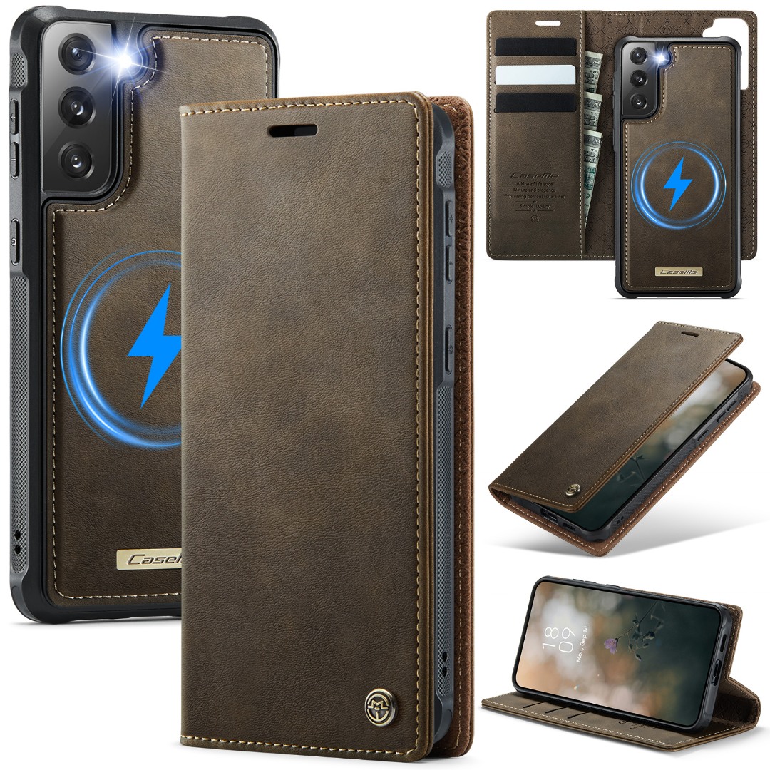 Husa 2in1 pentru Samsung Galaxy S21 FE, CaseMe, portofel cu carcasa detasabila magnetica, functie stand, inchidere magnetica, textura neteda, usor de curatat, design minimalist, Brun clasic