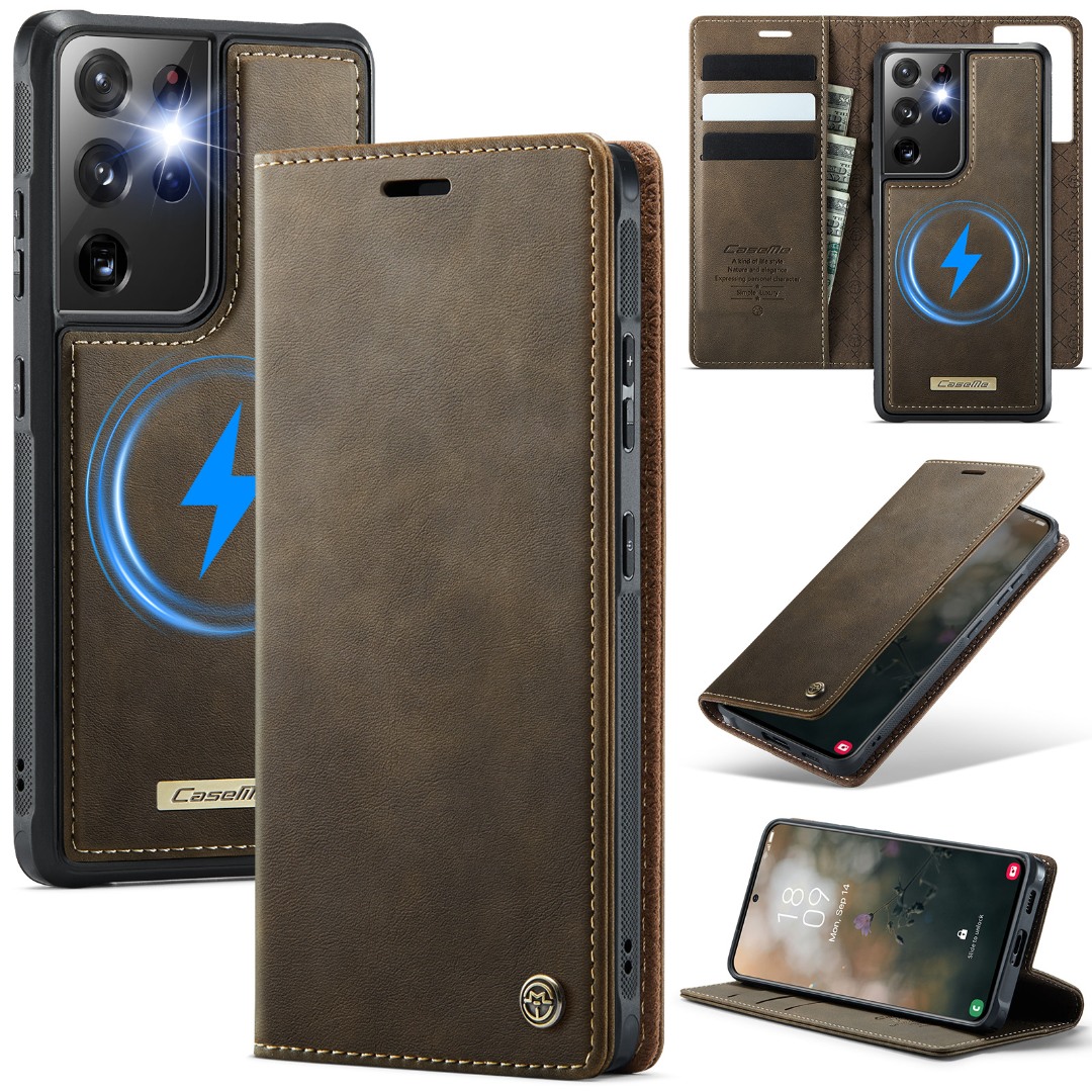 Husa 2in1 pentru Samsung Galaxy S21 Ultra, CaseMe, portofel cu carcasa detasabila magnetica, functie stand, inchidere magnetica, textura neteda, usor de curatat, design minimalist, Brun clasic