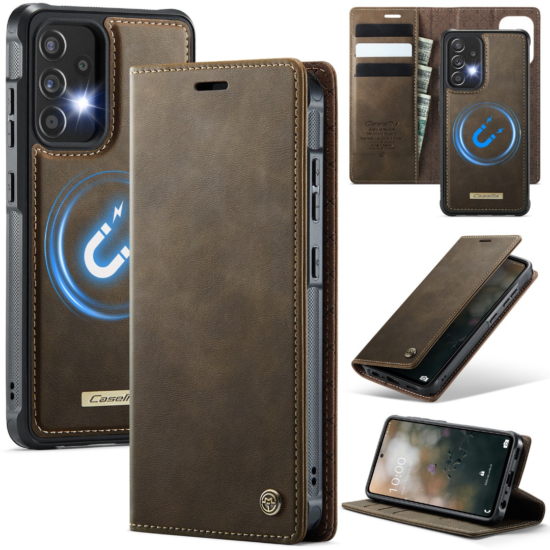 Husa 2in1 pentru Samsung Galaxy A52 4G, A52 5G, A52s, CaseMe, portofel cu carcasa detasabila magnetica, functie stand, inchidere magnetica, textura neteda, usor de curatat, design minimalist, Brun clasic