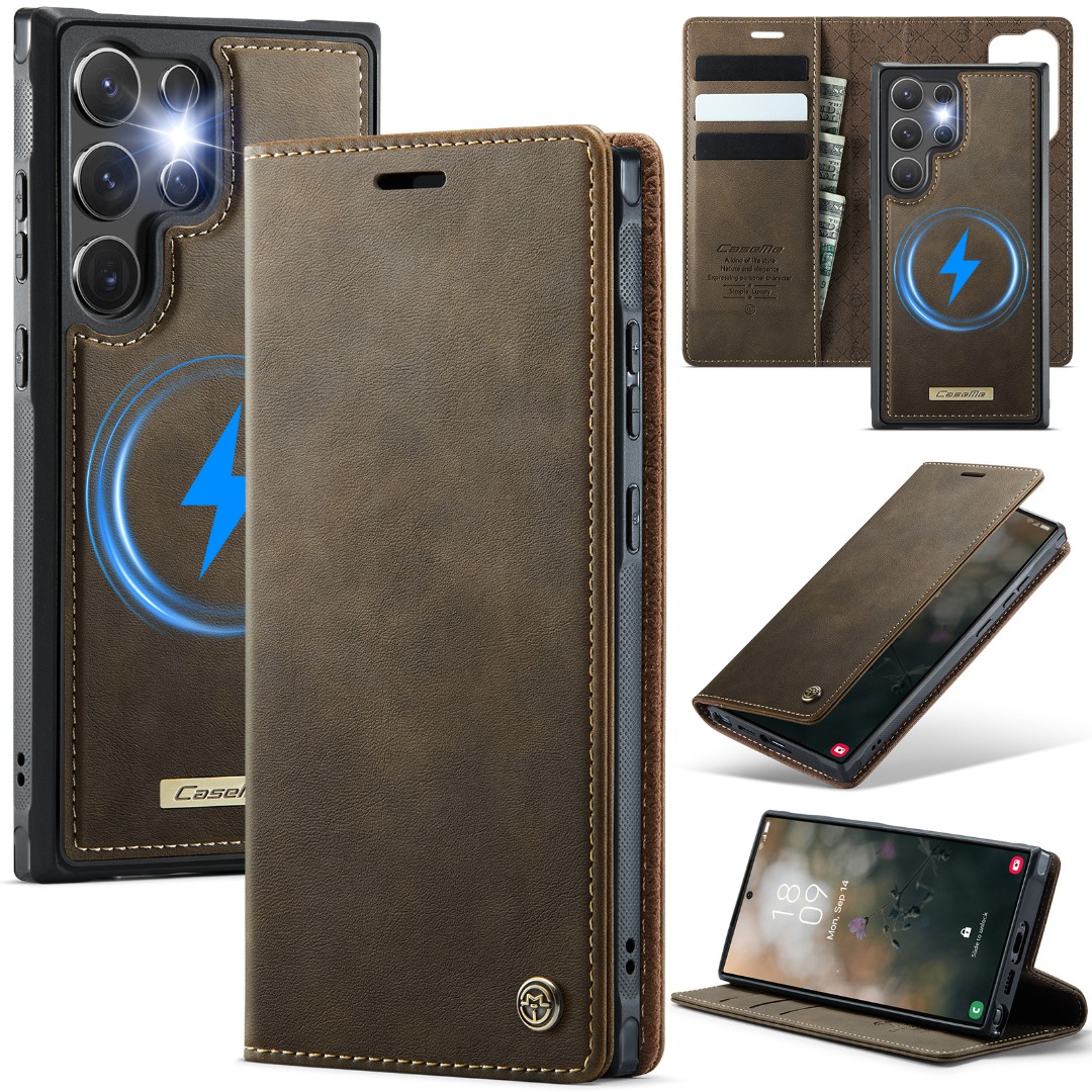 Husa 2in1 pentru Samsung Galaxy S25 Ultra, CaseMe, portofel cu carcasa detasabila magnetica, functie stand, inchidere magnetica, textura neteda, usor de curatat, design minimalist, Brun clasic