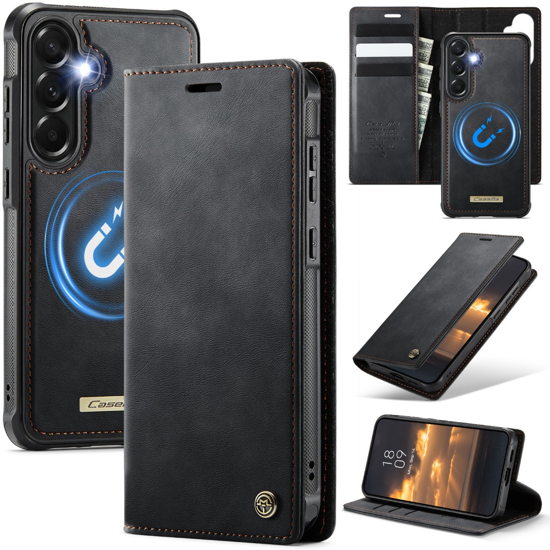 Husa 2in1 pentru Samsung Galaxy A56, CaseMe, portofel cu carcasa detasabila magnetica, functie stand, inchidere magnetica, textura neteda, usor de curatat, design minimalist, Negru carbon