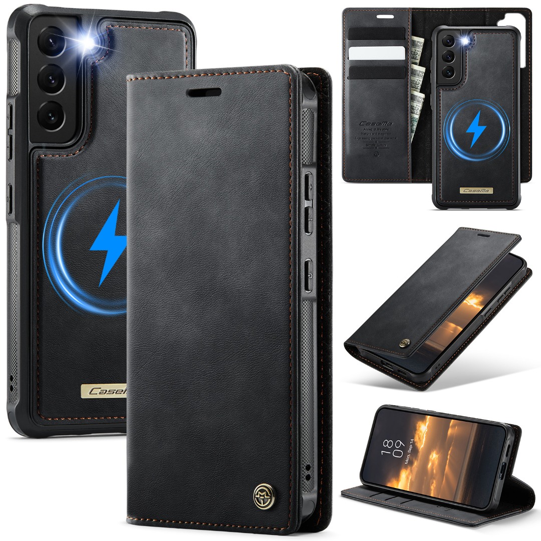 Husa 2in1 pentru Samsung Galaxy S22, CaseMe, portofel cu carcasa detasabila magnetica, functie stand, inchidere magnetica, textura neteda, usor de curatat, design minimalist, Negru carbon