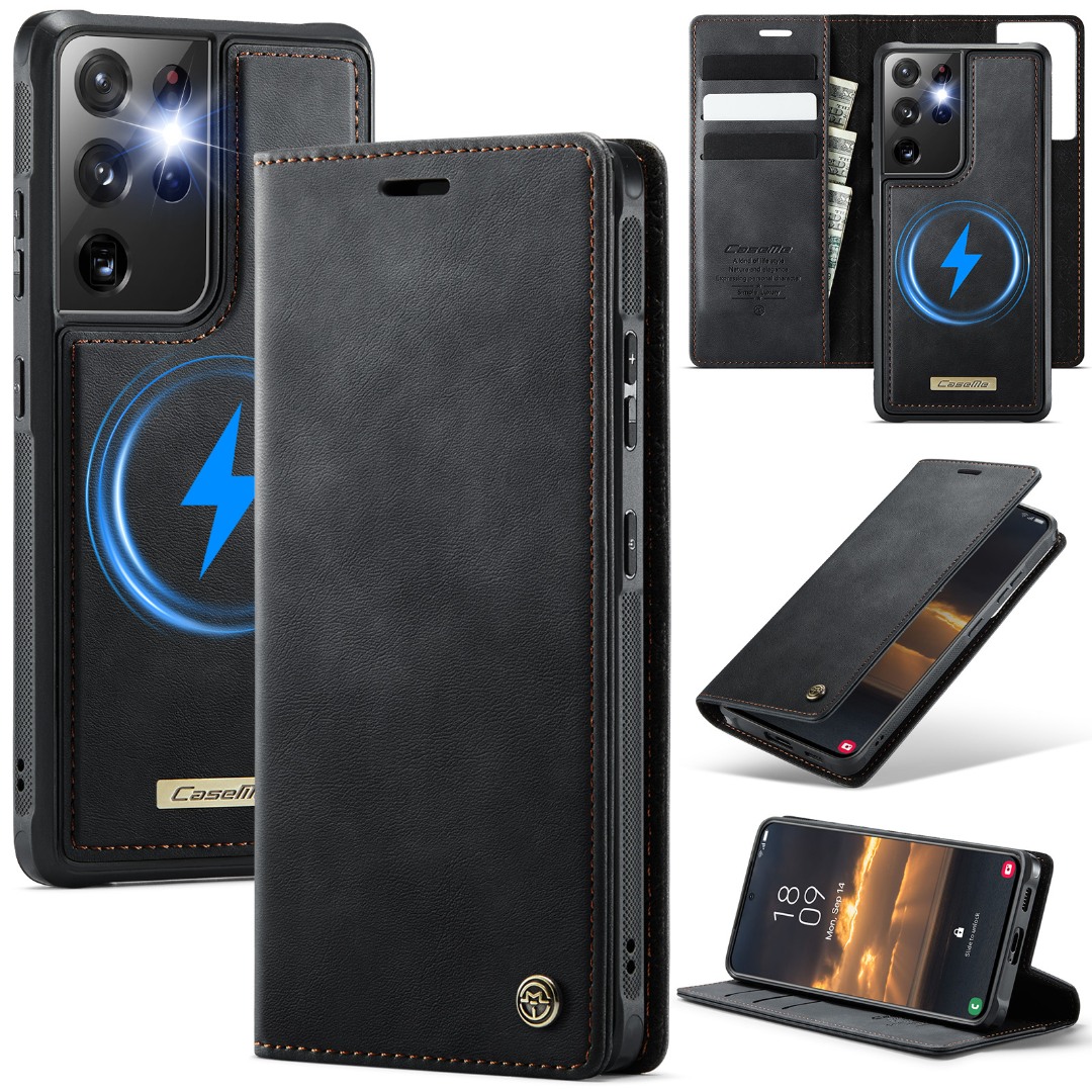 Husa 2in1 pentru Samsung Galaxy S21 Ultra, CaseMe, portofel cu carcasa detasabila magnetica, functie stand, inchidere magnetica, textura neteda, usor de curatat, design minimalist, Negru carbon