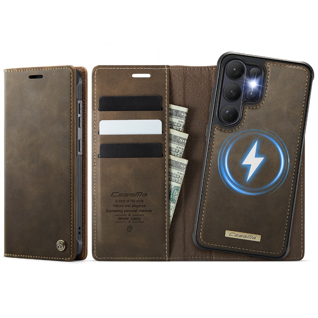 Husa 2in1 pentru Samsung Galaxy S26 Ultra, CaseMe, portofel cu carcasa detasabila magnetica, functie stand, inchidere magnetica, textura neteda, usor de curatat, design minimalist, Brun clasic