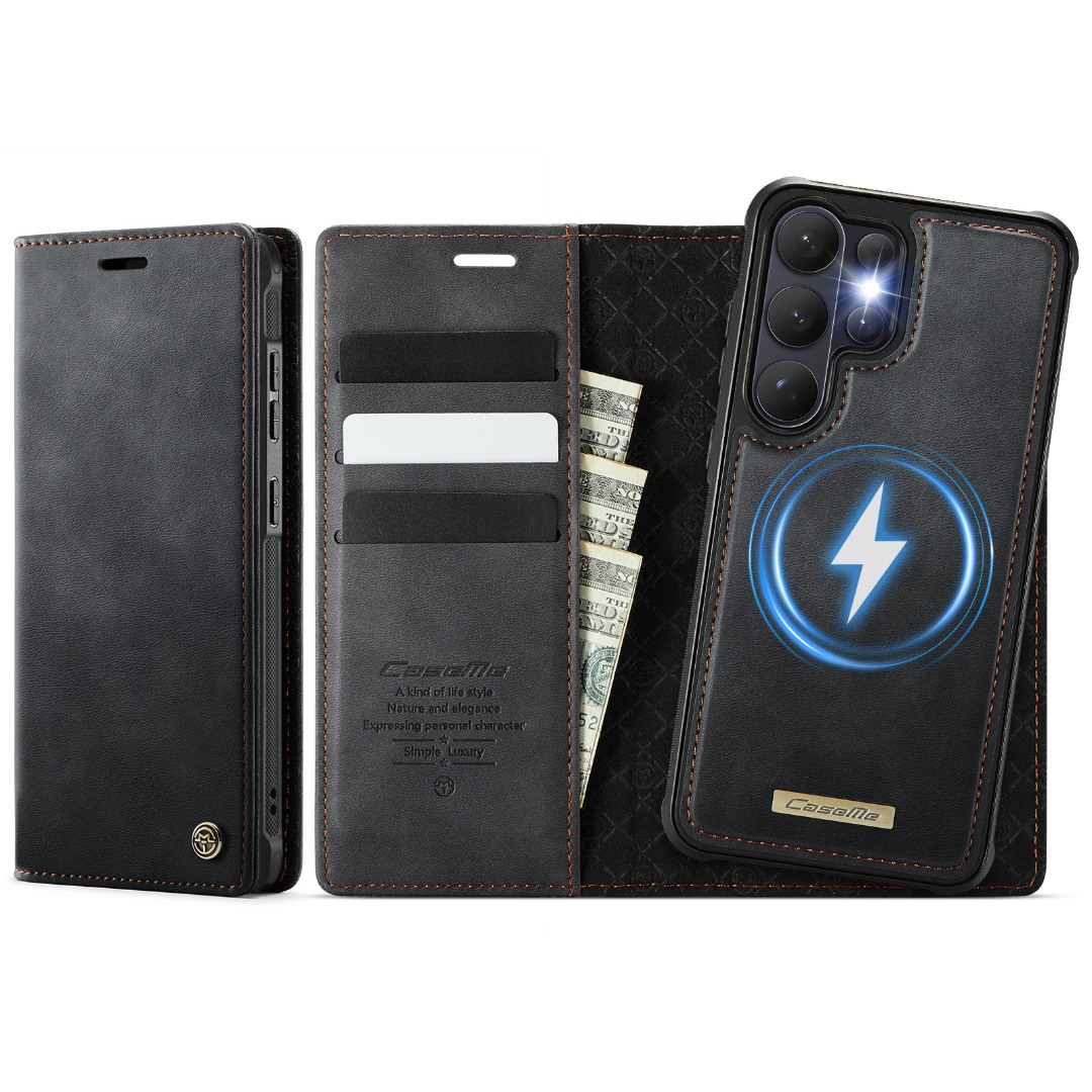Husa 2in1 pentru Samsung Galaxy S26 Ultra, CaseMe, portofel cu carcasa detasabila magnetica, functie stand, inchidere magnetica, textura neteda, usor de curatat, design minimalist, Negru carbon
