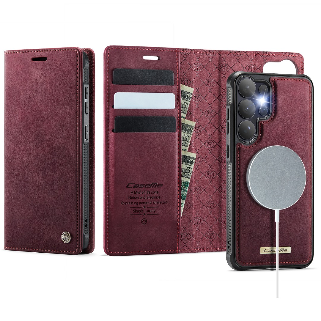 Husa 2in1 pentru Samsung Galaxy S26 Ultra, CaseMe, portofel cu carcasa detasabila magnetica, functie stand, inchidere magnetica, textura neteda, usor de curatat, design minimalist, Rosu burgundy