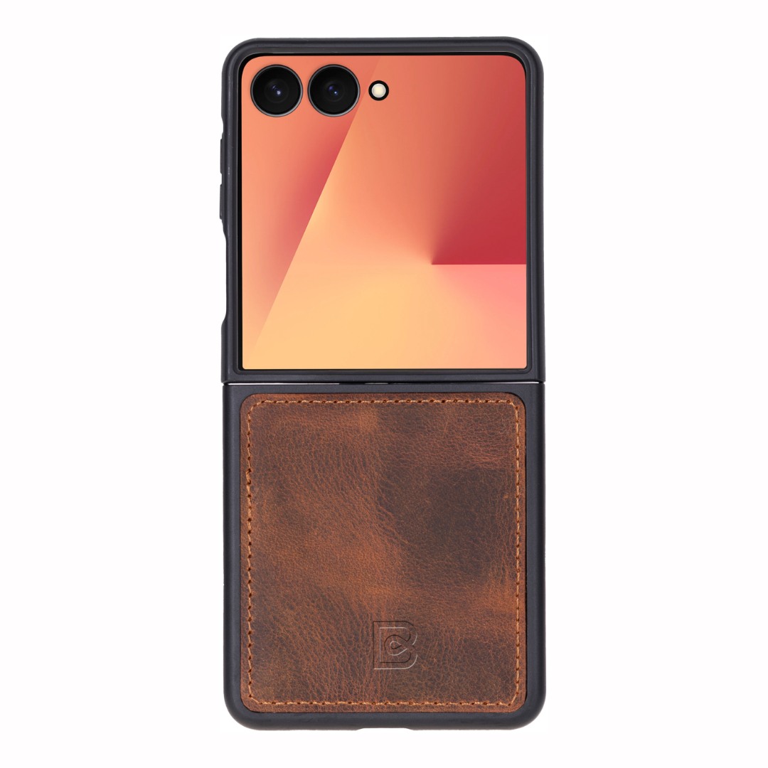 Husa premium pentru Samsung Galaxy Z Flip7 din piele naturala, slim back cover cu rama TPU moale - Bouletta Flex Cover, Antique Brown